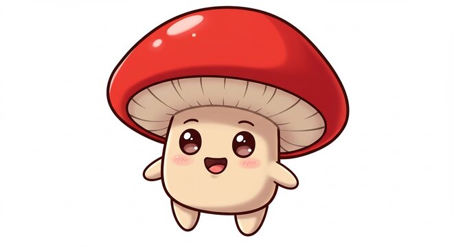 ポップで明るい雰囲気 鮮やかな赤い傘と大きな瞳が特徴的な可愛いきのこキャラクター 楽しそうな笑顔で白い背景に立つベクターイラスト. AI Generated