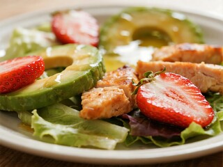 Cook and dice chicken; slice strawberries and dice avocado. Whisk a simple dressing (olive oil, honey, lemonlime juice, mustard, salt, pepper). Lay out lettuce leaves and fill them with chicken