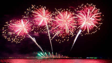 Amazing beautiful colorful firework display over sea on celebration night. Fireworks show for happy new year	
