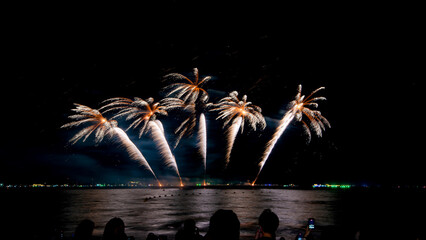 Amazing beautiful colorful firework display over sea on celebration night. Fireworks show for happy new year	