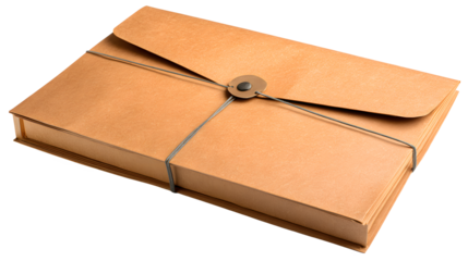 Thick kraft cardstock document folder secured with rubber bands and a metal fastener on a clean white background for office organization