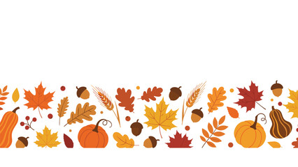 Rich and diverse horizontal border pattern showcasing a beautiful assortment of autumn elements including maple leaves, pumpkins, acorns, berries, and wheat stalks.