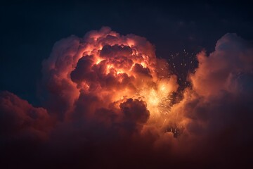 A dramatic explosion of crimson and golden fireworks illuminating fluffy night clouds with radiant light