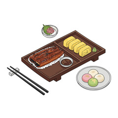 Japanese Grilled Eel and Tamagoyaki Set on Wooden Tray, Isometric Style