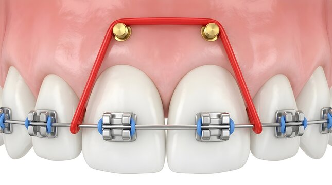 3D Dental Illustration of Orthodontic Braces with Power Chain and Mini-Implants for Diastema Correction