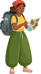 Flat style illustration of a young traveler with a backpack holding a map and planning a route.