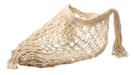 Empty natural fiber french style string grocery mesh bag on white background