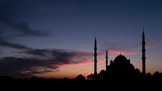 Ramadan sunset video background showing warm golden sky, slow moving clouds, distant mosque silhouette without text, peaceful fasting mood, spiritual transition from day to night, smooth cinematic loo