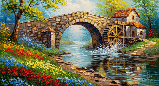 3D relief wallpaper with Stone bridge, watermill and blooming riverbank for mural wall art, canvas print, wall decor painting design