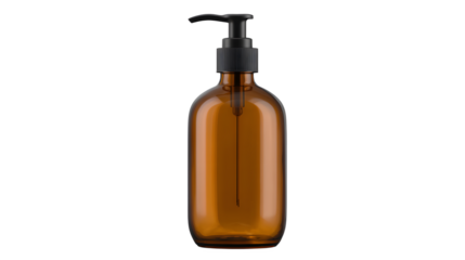 An amber colored glass soap dispenser bottle with a black pump on a white background