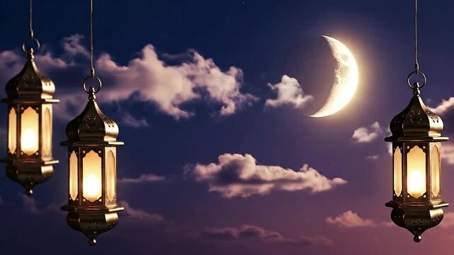 Peaceful Ramadan night video background with glowing crescent moon, soft clouds moving slowly, warm lantern lights, calm spiritual atmosphere, cinematic lighting, perfect looping background for Ramada