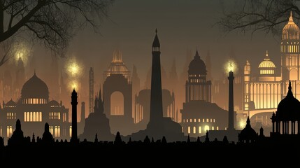 Silhouette of diverse monuments illuminated at night