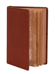 Partially open vintage hardcover book with aged paper pages and classic brown cover