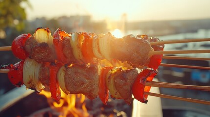 Skewered Turkish Kebabs with Roasted Vegetables in Sunlight