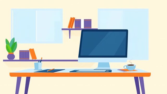 Animated modern workspace with computer and coffee