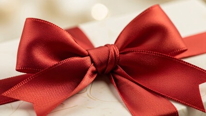Close up of red satin bow on beige gift box, elegant holiday present detail


