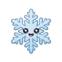 Cute cartoon snowflake with smiling face and sparkly eyes on black background