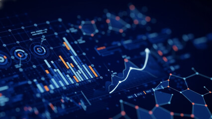 Stunning digital HUD interface displays dynamic financial data analysis and futuristic technology concepts glowing blue