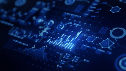 Stunning digital HUD interface displays dynamic financial data analysis and futuristic technology concepts glowing blue