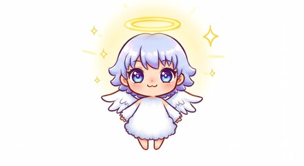 澄んだ青い瞳と柔らかな白い髪を持つ愛らしいちび天使がふんわりと広がる羽根と頭上の温かい光の輪で希望と癒しを届ける純粋で心温まるイラストレーション. AI Generated