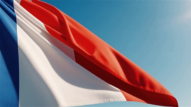 Gros plan du drapeau tricolore fran&ccedil;ais (bleu, blanc, rouge) ondulant au vent, symbole de la France, de la R&eacute;publique et des valeurs nationales, sous un ciel clair et lumineux.