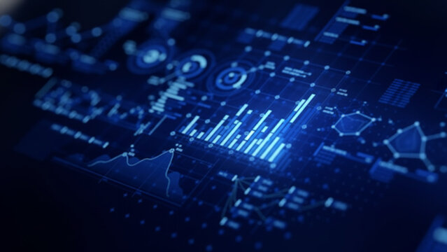 Stunning digital HUD interface displays dynamic financial data analysis and futuristic technology concepts glowing blue - Powered by Adobe