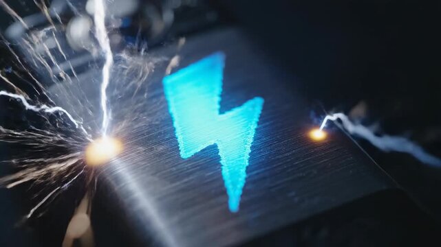 Dramatic slow motion close-up of electrical arcs sparking around a glowing cyan lightning bolt emblem etched onto a sleek metal battery casing against darkness bolt, detail, concept