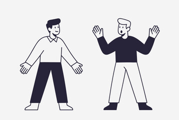 Two minimalist cartoon men, one smiling with open hands, the other surprised with raised hands and open mouth, in a simple line art style.