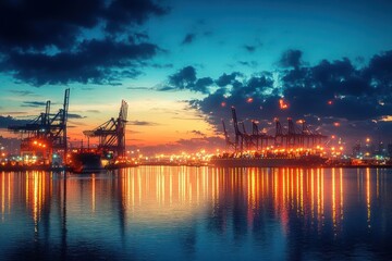Naklejka premium Dramatic twilight at a busy cargo port with illuminated container cranes and docked ships casting golden reflections on calm water under a blue and orange sky