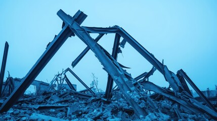 Twisted steel structures collapsed into abstract forms amidst blue toned debris and a muted sky