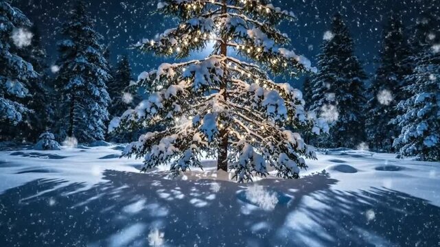  Illuminated Christmas Tree Glowing in Snowy Winter Forest at Night - Festive Holiday Background Loop