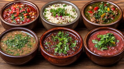 Fototapeta premium Various bowls of international soups and stews with fresh herbs