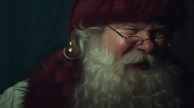 A close-up portrait of Santa Claus with a long white beard, red hat, and glasses, looking thoughtful and pensive.