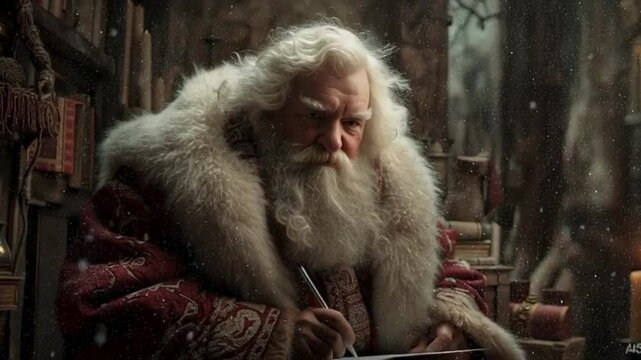 A wise, elderly Santa Claus with a long white beard, wearing a fur-trimmed red coat, diligently writing with a quill pen.