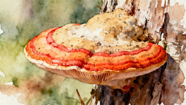  Red-Banded Polypore Shelf Mushroom on Tree Trunk Watercolor ,Rustic Orange and Red Tree Fungus Still Life Art ,Layered Red and Brown Mushroom on Bark