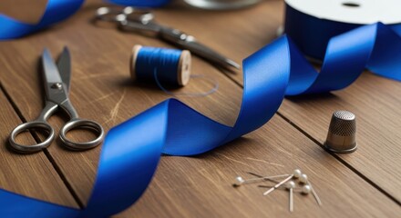 Elegant Blue Ribbon and Classic Sewing Tools Arranged on a Rustic Wooden Table, Highlighting Crafting, Tailoring, and DIY Projects