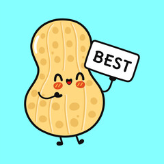 Cute happy peanut character holding best sign