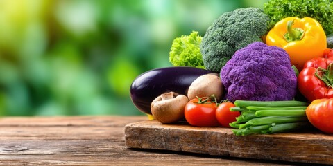 Colorful assortment of fresh vegetables arranged on a wooden table
