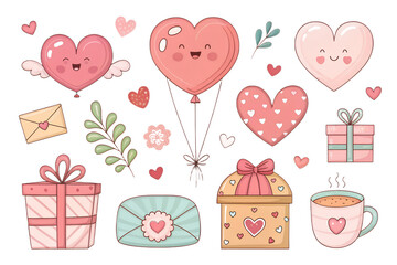 Cute romantic Valentine&rsquo;s Day clipart collection with hearts, gifts, love symbols and decorative elements in a playful cartoon style. Clean outlines, soft shading and pastel palette. Isolated on trans