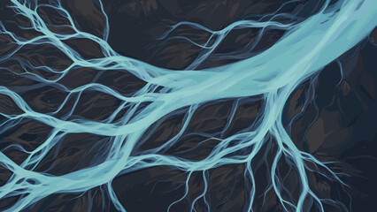 Aerial view of a complex braided river system with light blue water channels against dark ground. © Alfiyah