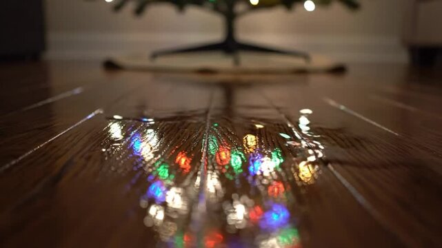 Abstract Bokeh Reflection of Xmas Lights Shimmering on Wet Wooden Surface - Warm Seasonal Ambiance