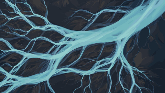 Aerial view of a complex braided river system with light blue water channels against dark ground.