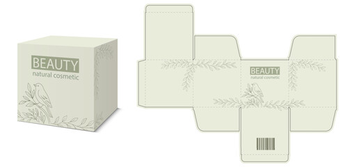 Natural Cosmetic Box Design. Minimalist packaging with bird illustration