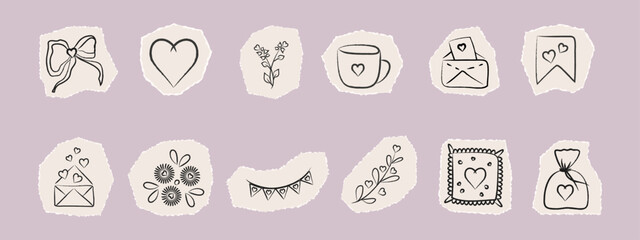 Cut out pieces for Valentine's Day scrapbooking. A cute holiday collage with ribbons, a heart on uneven paper with torn edges. Old torn pieces of notes with a sketch of a heart shaped pillow element.