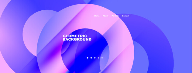 Abstract fluid shapes, purple hues dominate design. Minimalist text highlights geometric background, navigation present.