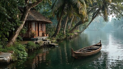 Traditional riverside houseboat view in tropics high resolution picture