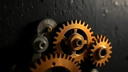 Precision bronze gears interconnected, illustrating mechanical automation and intricate engineering.