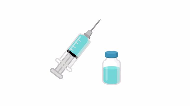 2D flat vector motion of syringe and vaccine vial, medical injection animation, alpha channel, transparent background.
