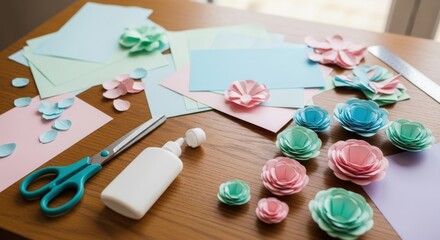 Arrangement of vibrant handmade paper flowers, crafting tools, and colorful stationery on a wooden table, perfect for a creative DIY hobby project