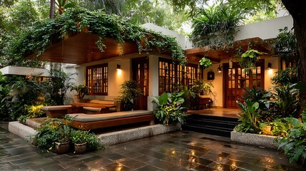 Traditional villa with flowering tree outside high resolution picture